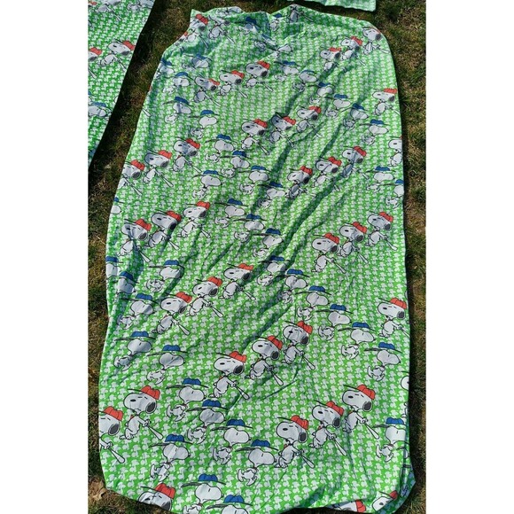 Snoopy Baseball Green White Twin Fitted Flat Pillow Sheet Set Vintage c. 1958 - Picture 12 of 14